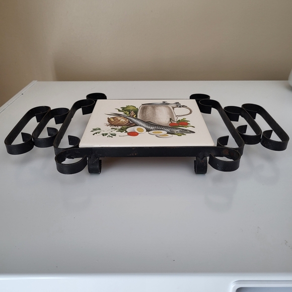 Vintage Wrought Iron and Ceramic Tile Trivet Fish and Eggs - Picture 2 of 16